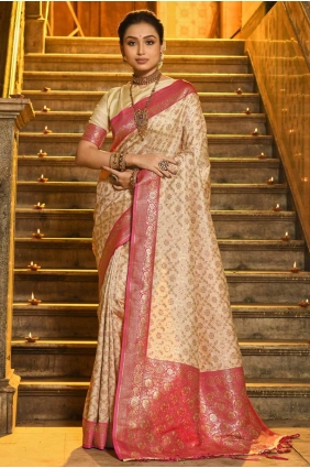 Embroidered Banarasi silk Saree in Pink with Blouse SR28576