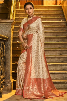 Embroidered Banarasi silk Saree in Red with Blouse SR28578