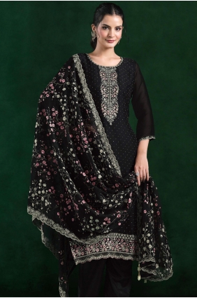 Black Embroidered Straight Pant Suit in Chiffon SK159230