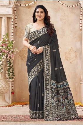 Weaving Raw silk Black Saree with Blouse SR30408