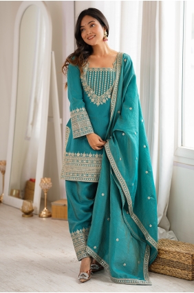Blue Silk Embroidered Palazzo Suit with Dupatta PZ4483