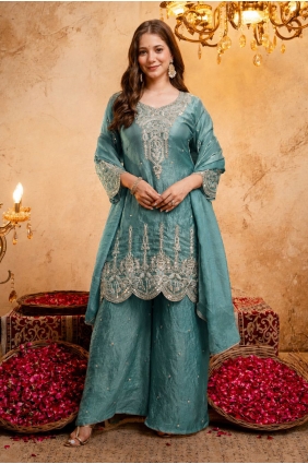 Blue Embroidered Silk Palazzo Suit PZ4555