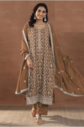 Brown Straight Pant Suit with Embroidered Silk SK159214