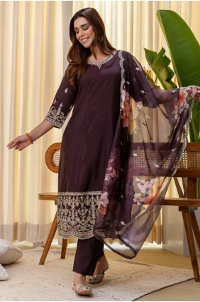 Silk Salwar Kameez with Embroidered in Brown SK156056