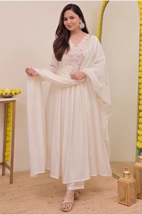 Chanderi silk Eid Anarkali Suit in Cream with Embroidered AS4174