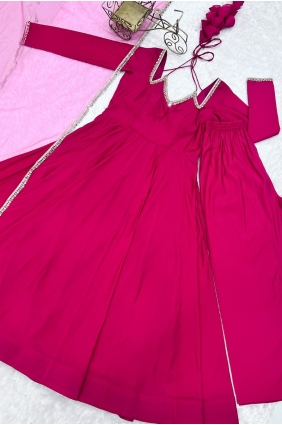 Lace Chanderi silk Anarkali Suit in Rani pink with Dupatta AS4201