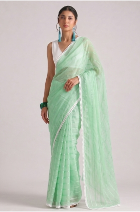 Weaving,lace border Chiffon Saree in Green with Blouse SR30384
