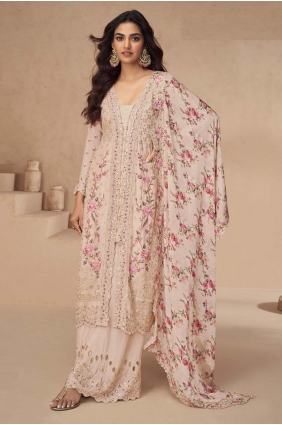 Embroidered Chiffon Palazzo Suit in Peach with Dupatta PZ4196