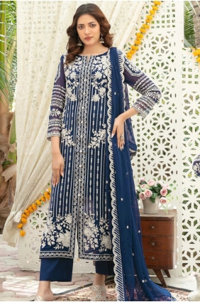 Sea blue Salwar Kameez with Embroidered Chiffon SK159129