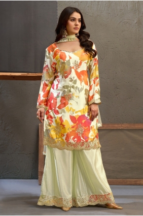 Embroidered Chinon chiffon Palazzo Suit in Cream PZ4542
