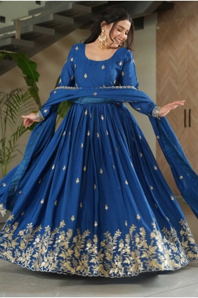 Embroidered Chinon chiffon Blue Gown Dress with Dupatta GW1153