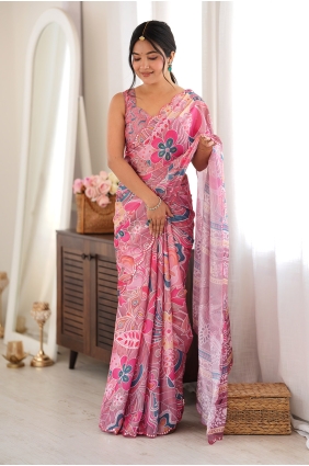 Mirror printed Saree in Pink Chinon chiffon SR30266