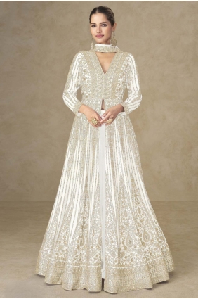 White Embroidered Chinon chiffon Anarkali Suit AS4250