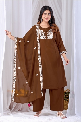 Embroidered Cotton Straight Pant Suit in Coffee SK159192