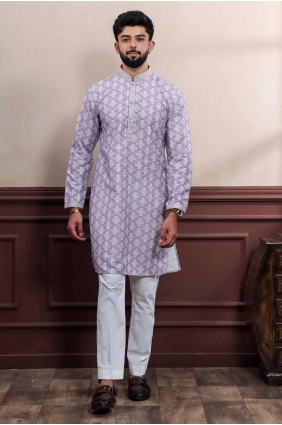Cotton blend Men Kurta in Lavender with Printed KURR496