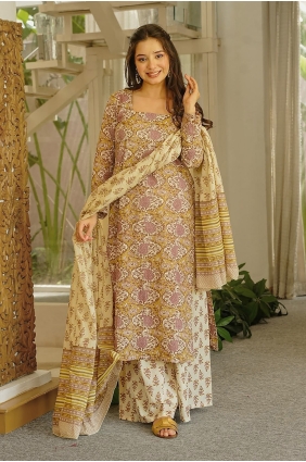 Cream Digital print Cotton Straight Suit SK159209