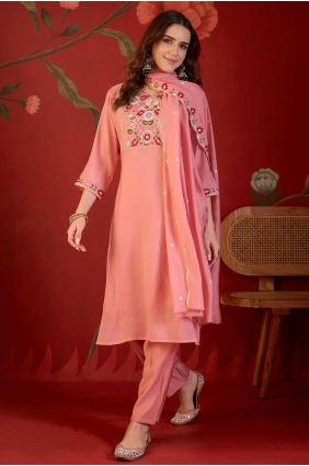Peach Cotton Embroidered Straight Pant Suit with Dupatta SK159245