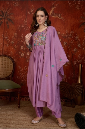 Lavender Straight Pant Suit in Embroidered Cotton SK159247