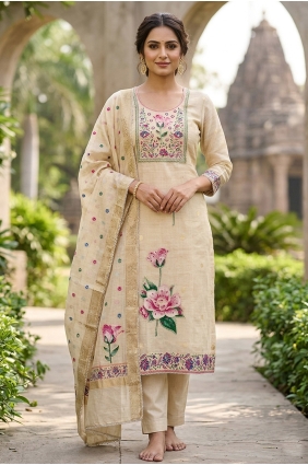 Printed Cotton Salwar Kameez in Beige SK15878