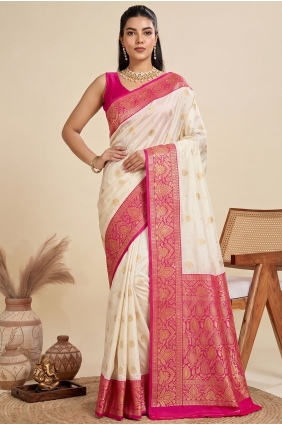 Cream Zari Saree in Banarasi raw silk SR30157