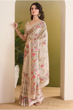 Printed Saree in Cream Silk SR30398