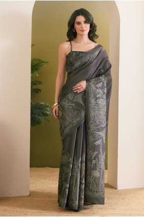 Art silk Saree with Printed in Dark green SR30394