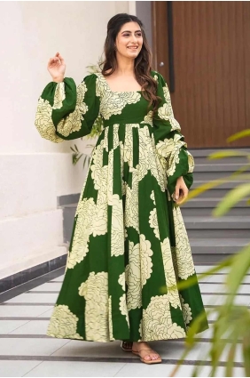 Digital print Rayon Gown Dress in Green GW1115