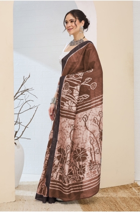 Silk Brown Saree in Digital print SR30217