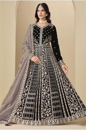 Embroidered Velvet Anarkali Suit in Black AS4192