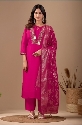 Pink Embroidered Chanderi Straight Pant Suit SK159199