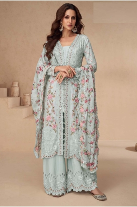 Grey Palazzo Suit in Embroidered Chiffon PZ4195