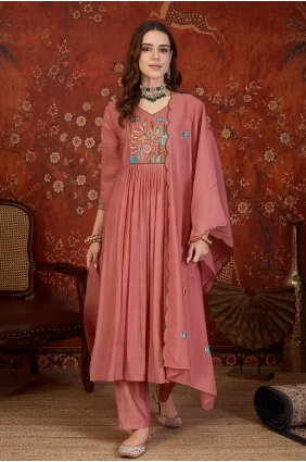 Straight Pant Suit in Peach Cotton with Embroidered SK159248