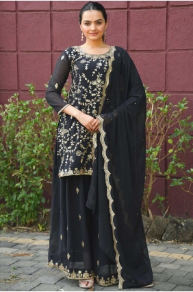 Faux georgette Sharara Suit with Embroidered in Black SS1271