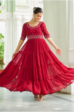 Red Faux georgette Embroidered Gown Dress with Dupatta GW1166