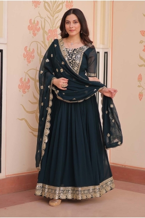 Faux georgette Teal blue Gown Dress in Embroidered GW1163