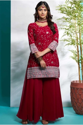 Embroidered Faux georgette Sharara Suit in Maroon SS1229