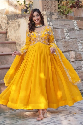Embroidered Faux georgette Yellow Gown Dress with Dupatta GW1100