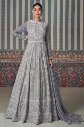 Embroidered Georgette Gown Dress in Grey GW1082