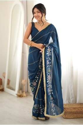 Georgette Embroidered Petrol Saree with Blouse SR30255