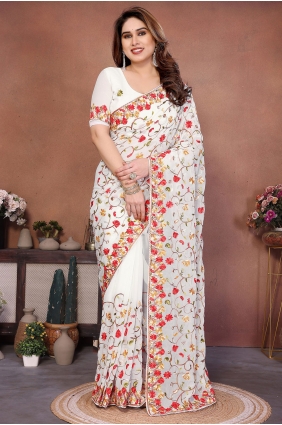 White Embroidered Georgette Saree SR29888