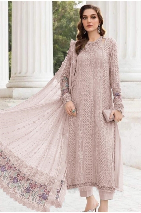 Embroidered Georgette Straight Pant Suit in Light peach with Dupatta SK159242