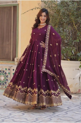 Embroidered Gown Dress in Wine Faux georgette GW1094