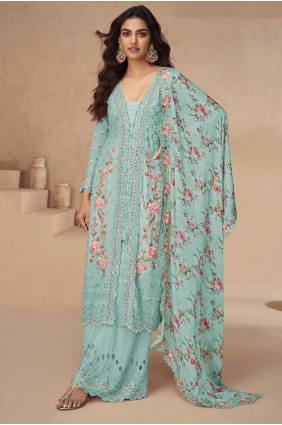 Embroidered Chiffon Palazzo Suit in Sky blue PZ4198