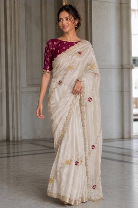 Cream Saree with Embroidered Satin SR30230