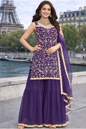 Voilet Embroidered Sharara Suit in Georgette SS1309
