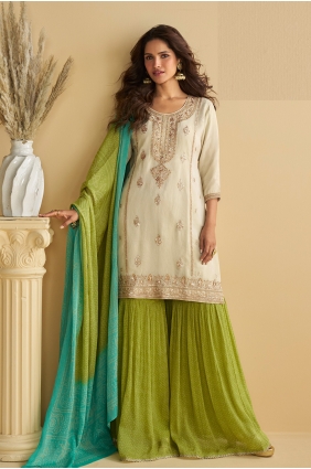 Embroidered Chinon chiffon Sharara Suit in White SS1403