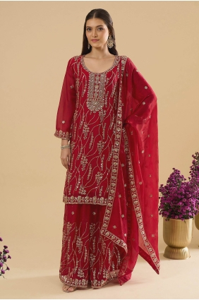 Silk Palazzo Suit with Embroidered in Maroon PZ4529