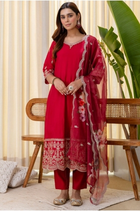 Silk Embroidered Red Salwar Kameez with Dupatta SK156057