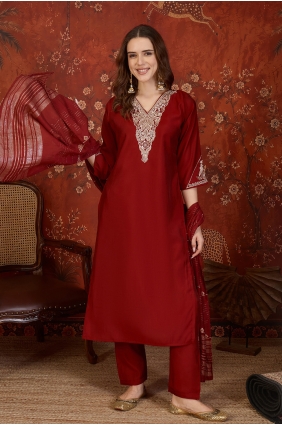 Maroon Embroidered Straight Pant Suit in Silk SK159250