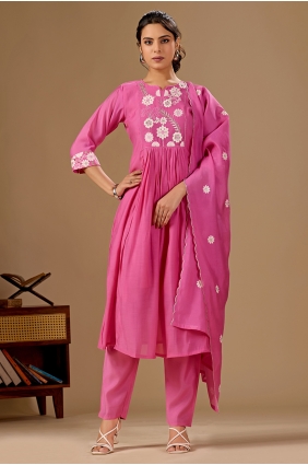Pink Straight Pant Suit with Embroidered Cotton SK159190